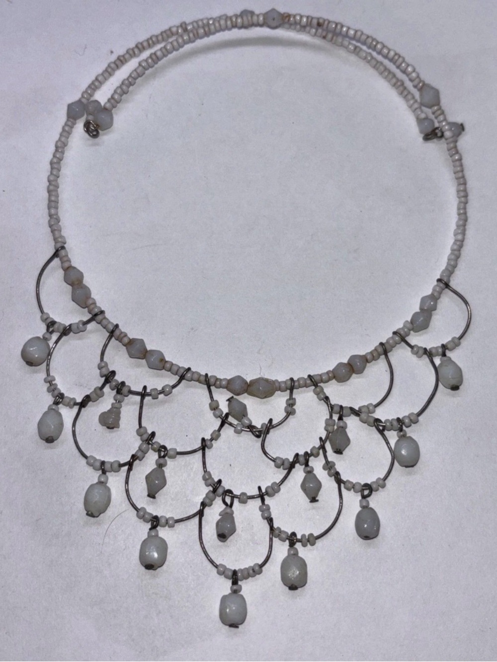 Vintage Boho Style Spring Wired White Color Beaded Bib Choker Necklace